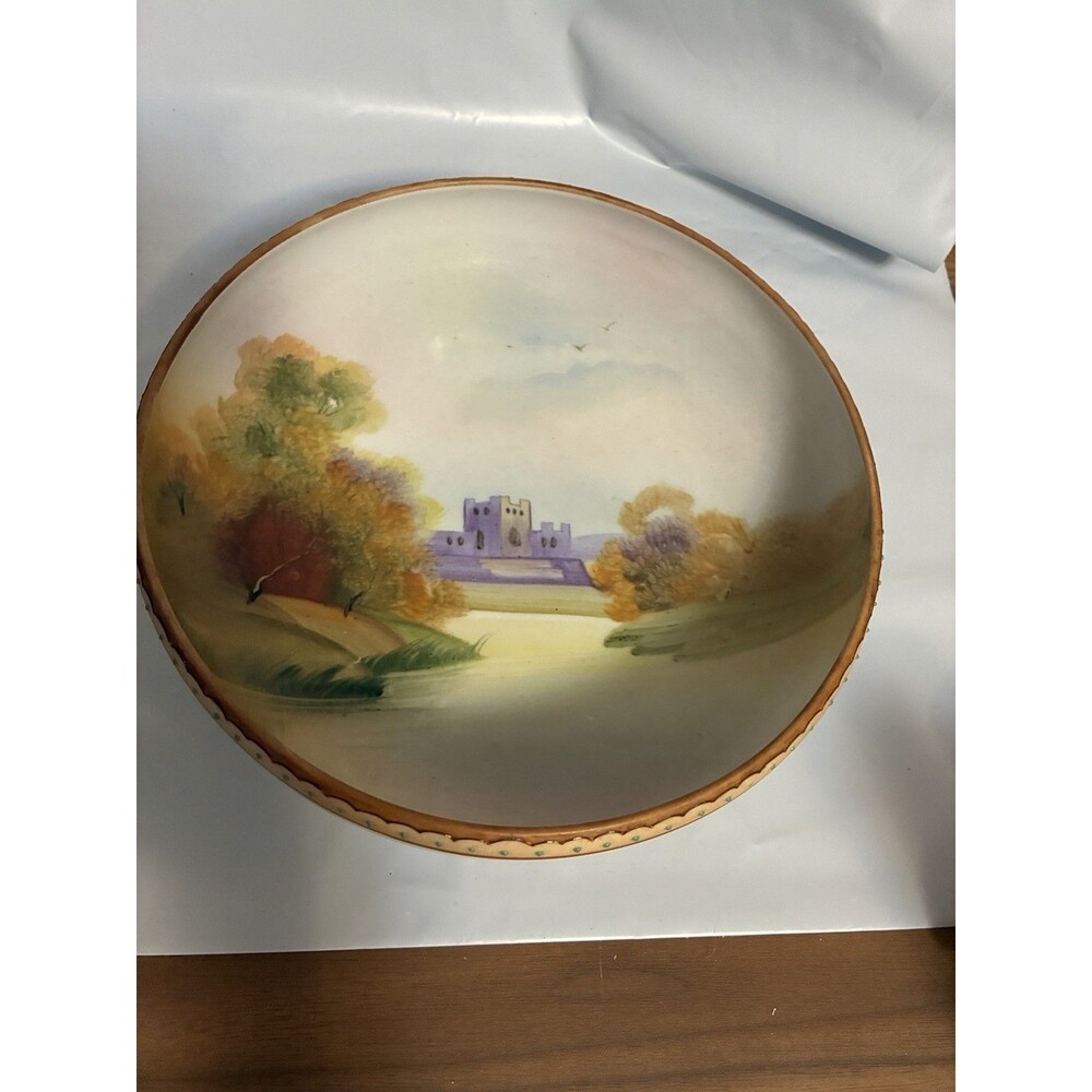Round Morimura Nippon Bowl Castle Raised Jeweling Ball Feet Green Wreath Mark